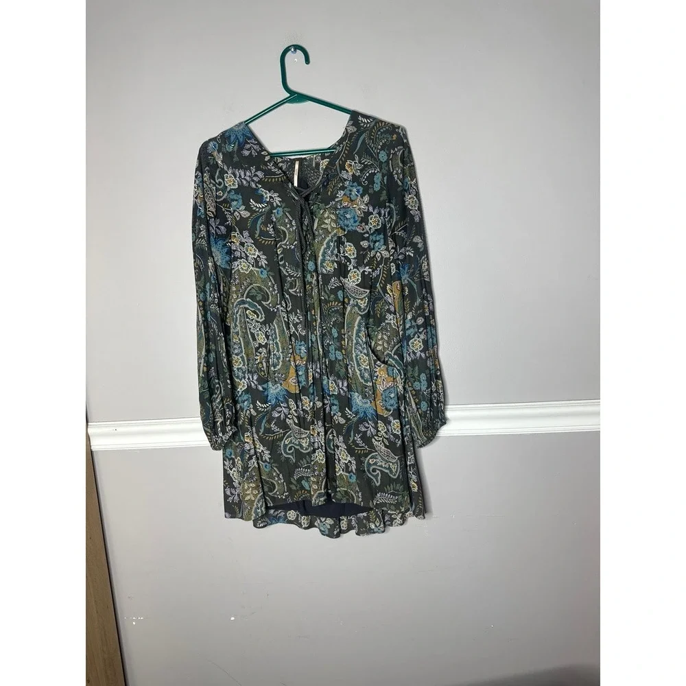 Free People Mini Dress Boho Baby Doll Lined Moss green S/P  Peasant Flowy 80s